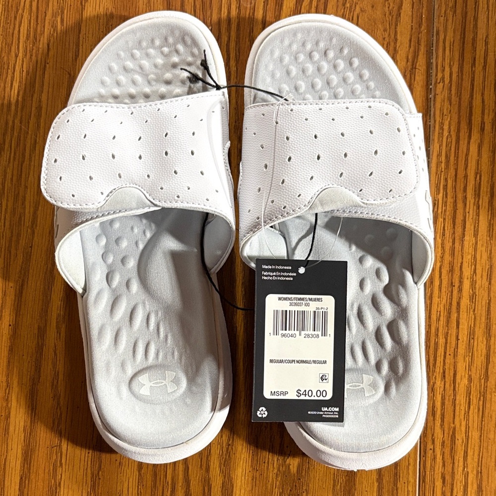 Under Armour White Perforated Adjustable Slide Sandals